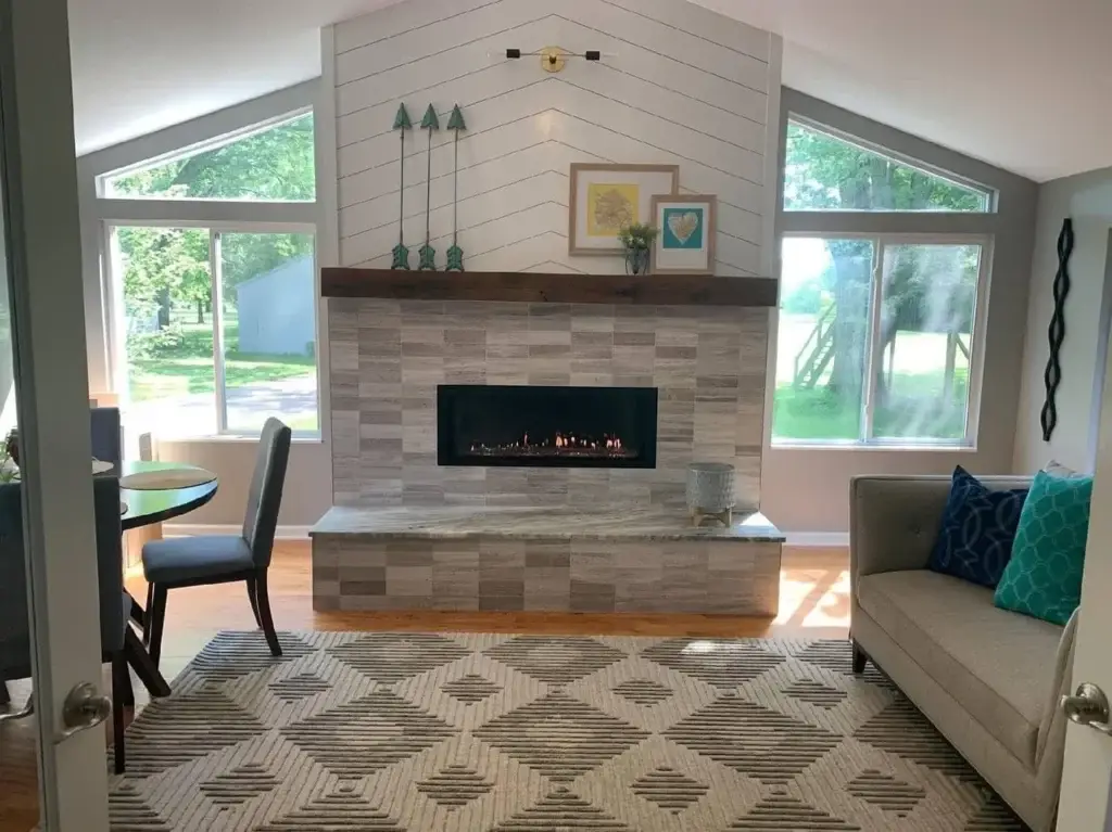 Renovated living room with stone fireplace, Central Ohio