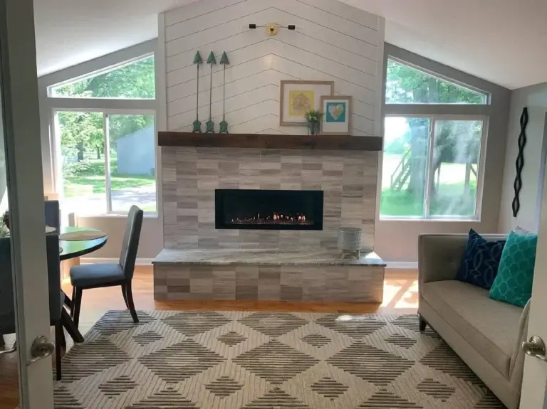Renovated living room with stone fireplace, Central Ohio
